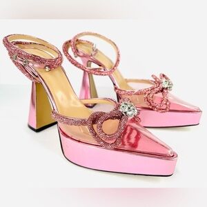 Mach & Mach Double Bow Crystal Ankle Strap Platform Pink Metallic Pumps EU 40.5